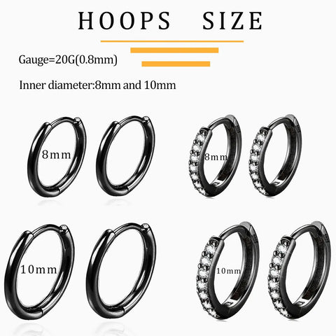 Matte Black Earring Set For Piercings Includes 7 Flat Back Stud Earrings And 4 Small Hoop Earrings In Titanium And Surgical Steel Black CZ Pearl Ball Opal Accents Lightweight Dope Dainty Jewelry For Cartilage Helix And Multiple Piercings. 8mm and 10mm hoops