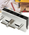 Heavy Duty Self Centering Dowel Jig With Quick Swap Sleeves For 1/4 3/8 And 5/16 Bits showing base and alignment holes for drill guide.