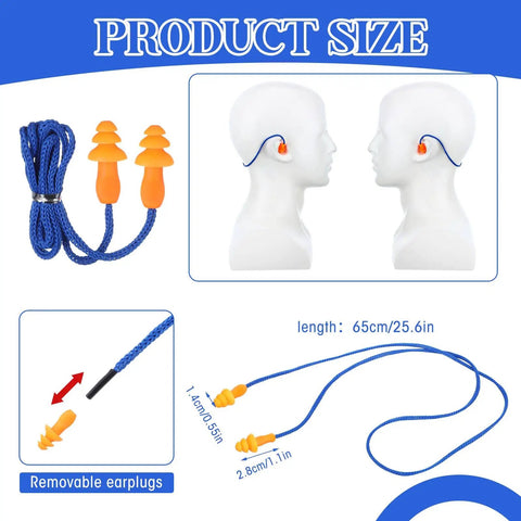 Straight Up Noise Dampening Earplugs Bulk Pack Of One Thousand Corded Silicone Picks With Attached Strings And A Trusted Twenty Five Decibel Rating For Easy Living Reusable Chill Vibes In Bright Blue And Orange Colors, showing size and removable earplugs.