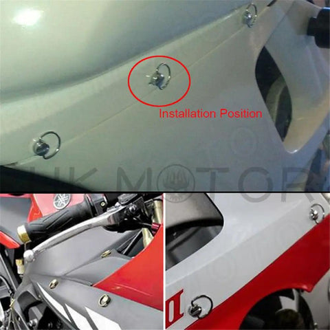 Dzus Quarter Turn Quick Release Fairing Fasteners For Motorcycles With 19mm Pins And 15mm D Ring Bolts Installed on Bike