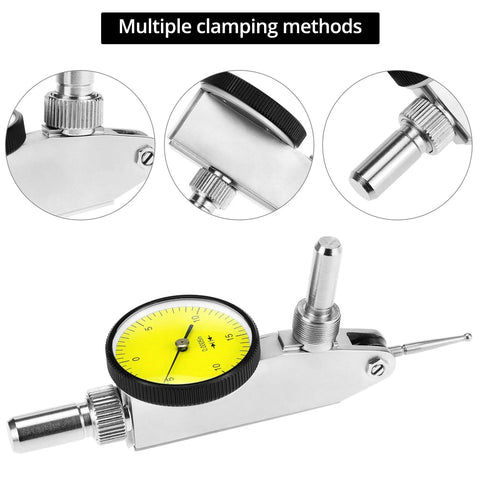 Amazon dial test indicator with yellow dial, silver body and steel dovetail clamps; front view