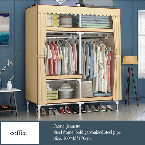 Heavy Duty Portable Hanging Closet Wardrobe With Thickened Steel Pipes And No Fuss Assembly For Roomy Apparel Organization In Tight Spaces Built To Last Rack displaying neatly arranged clothes and towels.