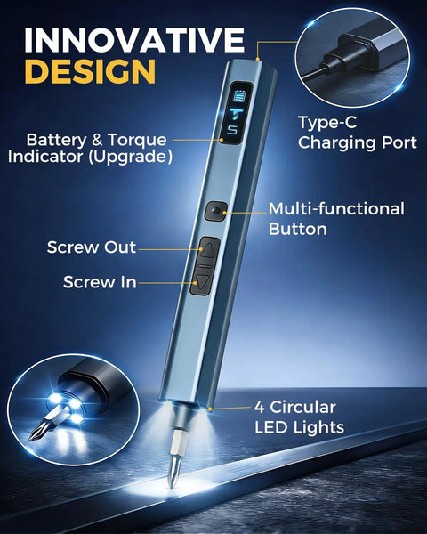 160 In 1 Mini Electric Cordless Screwdriver Kit showing features like Type-C port and LED lights for PC repair