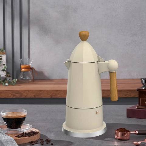Portable 6 Cup Octagonal Aluminum Espresso Pot for Camping Office Cafe or Restaurant White Coffee Maker Kettle Brew Pot Made From Durable Aluminum Alloy for Rich Morning Espresso On The Go on kitchen counter