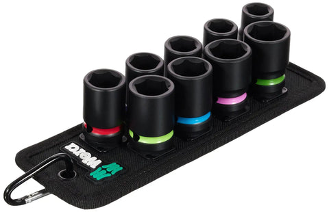 Belt C Impaktor 1 Socket Set, 1/2 Inch Drive, 9 Pieces, rugged textile belt with smooth twist unlock, color-coded by size