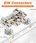 DIN Rail Terminal Block Kit With Screwless Push In Twin Spring Connectors ST2-2.5/2-2, 3D view, shows guide rail and screw mount points.