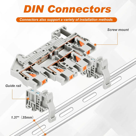 DIN Rail Terminal Block Kit With Screwless Push In Twin Spring Connectors ST2-2.5/2-2, 3D view, shows guide rail and screw mount points.