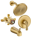 Premium Heavy Duty Brushed Gold Shower Tub Faucet Set With Complete Valve And Six Inch Rain Shower Head dishing out top shelf water pressure.