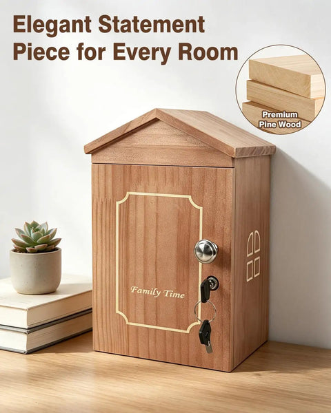 House Shaped Pine Wood Phone Lock Box Stores Six Devices Screen Free Zone For Lowkey Hangouts And Weekend Game Nights Natural Distraction Blocker Phone Jail For Groups on a table with succulent.