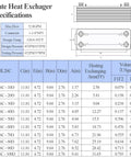 Specifications chart for Water To Water Plate Heat Exchanger 5 By 12 Inch 60 Plate Brazed Copper And 316L Stainless Steel