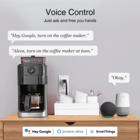 Smart Plug 2.4GHz WiFi Only Works With Alexa And Google Home shown controlling coffee maker via voice commands next to smart speakers.