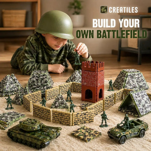 Child playing with Military Battlefield Base Magnetic Tiles Building Blocks Army War Themed Playset for imaginative learning.