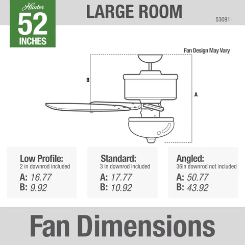 Top Tier 52 Inch Indoor Ceiling Fan With Bright Integrated Led Lighting and Easy Pull Chain Setup dimensions for large room use.
