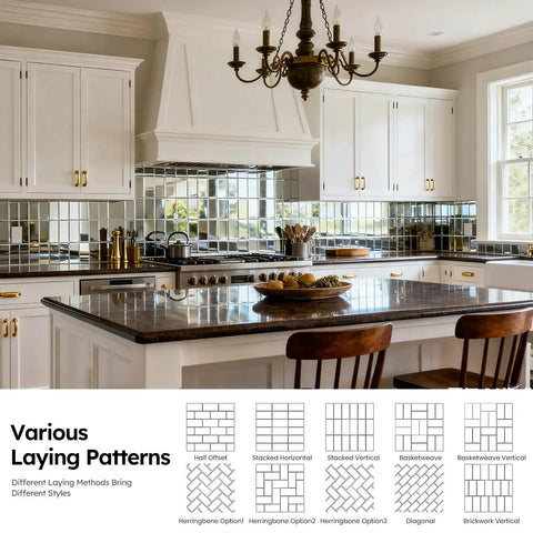Modern kitchen with Beveled Silver Mirror Subway Backsplash Tiles for Kitchen and Bathroom, 3x6 Inch, reflecting light.