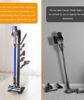 Floor Standing Docking Station For V15 Detect And V11 Series Cordless Vacuum Cleaners, Five Hook Metal Bracket Organizer Rack In Brushed Black For Easy Storage, Accessory Organization, And Stable Stand with vacuum attached on left, compared to detached vacuum on the right.