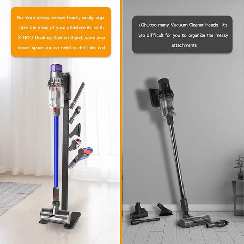 Floor Standing Docking Station For V15 Detect And V11 Series Cordless Vacuum Cleaners, Five Hook Metal Bracket Organizer Rack In Brushed Black For Easy Storage, Accessory Organization, And Stable Stand with vacuum attached on left, compared to detached vacuum on the right.