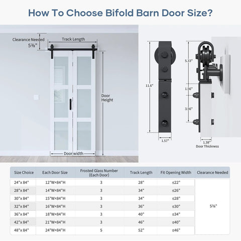 42 By 84 Inch Bifold Barn Door With Hardware Kit Solid MDF Slab Covered With Waterproof PVC Surface Frosted Glass Panel Space Saving Sliding Door For Bathrooms Bedrooms Laundry Rooms And Kitchens Assembly Required installation guide.