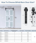 Diagram showing bifold barn door with frosted glass panel, hardware, and size chart; visible size 36 by 84 inch space saver.