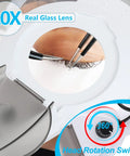 10X Magnifying Floor Lamp With 4 Wheel Rollable Base showing close-up view of eyelash under magnifying glass and lens features.
