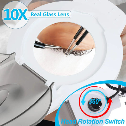 10X Magnifying Floor Lamp With 4 Wheel Rollable Base showing close-up view of eyelash under magnifying glass and lens features.