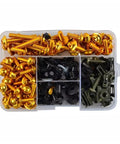 Motorcycle Nut And Bolts Set Kit With Countersunk Screws And Mounting Washers For Bike Body Work Yellow Hardware That Makes Repairs Quick And Easy For Quick Reliable Maintenance On The Go, assorted sizes in organizer
