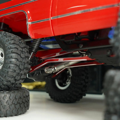 Aluminum High Clearance Links For TRX4M High Trail K10 F150 RC Crawler, CNC Anodized For Tough Durability, Lightweight At 19g, Red Finish Upgrade, Beefed Up Clearance For Smoother Climbing And Obstacle Conquering. Red aluminum high clearance links under TRX4M crawler