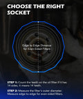 Premium Oil Filter Wrench Set Featuring 3 8 Inch Drive Low Profile Sockets For Dead Simple Car Repair And Slick Grease Monkey Approved Weekend Mech Projects diagram showing socket sizing guide for oil filters.