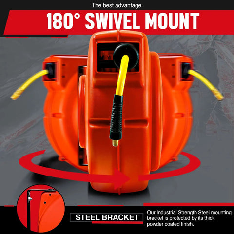 Retractable 3/8 Inch Air Hose Reel With 50 Foot PVC Hose, Heavy Duty Polypropylene, Commercial Grade with 180° Swivel Mount