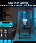 Smart 60W A19 Color Changing LED Bulb for Home Lighting in lamp with app interface showing controls.