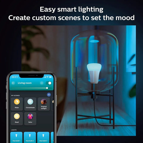 Smart 60W A19 Color Changing LED Bulb for Home Lighting in lamp with app interface showing controls.