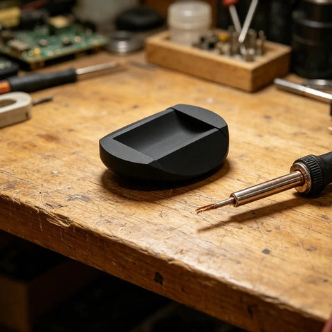 Black object on wooden table near soldering iron, workshop setting