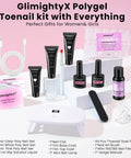 All In One Polygel Toe Nail Kit With UV Light, Includes 3 Color Polygel 15ml Each, 12W Mini Nail Lamp, accessories on display