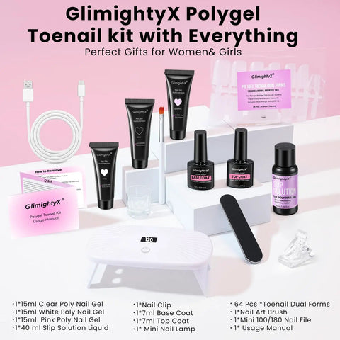 All In One Polygel Toe Nail Kit With UV Light, Includes 3 Color Polygel 15ml Each, 12W Mini Nail Lamp, accessories on display