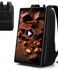 Straight Fire 23 Inch Digital Billboard Backpack With Smooth Wifi Remote Control And Full Hd Lcd Screen showcasing chocolate display.