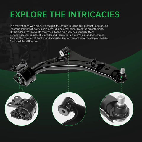 Front End Suspension Kit For Ford Edge 2007-2014 And Lincoln MKX 2007-2015 Includes 2 Lower Control Arms With Ball Joints, 2 Sway Bar Links, And 4 Tie Rod Ends Bolt-On Ready-To-Install. black steel lower control arm with ball joint detail