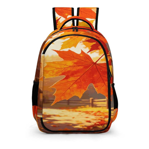 Warm Fall Maple Landscape Backpack For Men And Women, Unisex Large Capacity Daypack with autumn leaf graphic and sturdy zipper.