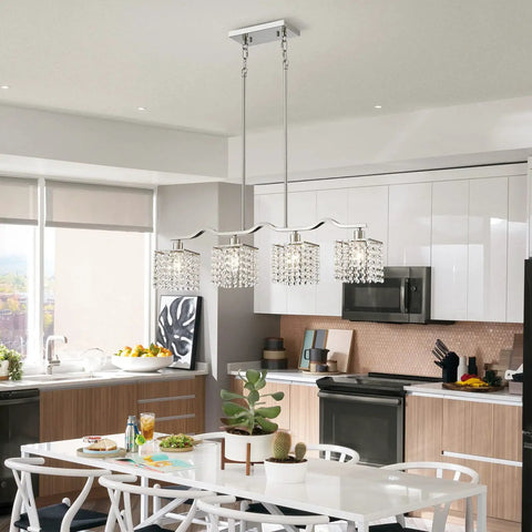 Crystal Chandelier Four Light Linear Raindrop Pendant Ceiling Light With Nickel Finish Ideal For Bedroom Dining Room Bar Or Kitchen Island Includes 59 Inch Rod And E12 Base Bulbs Not Included in modern kitchen environment