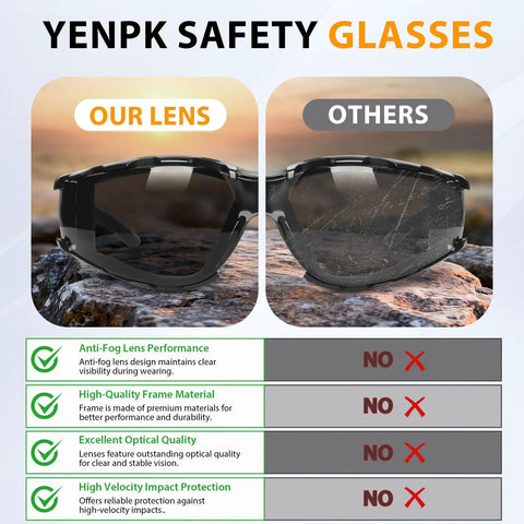 Premium Wrap Around Antifog Safety Glasses With Protective Eyewear And Foam Seal Gasket Offering Kick Ass Impact Shield and Snag Free Vision On Heavy Duty Worksites Daily comparison of lens clarity and protection.