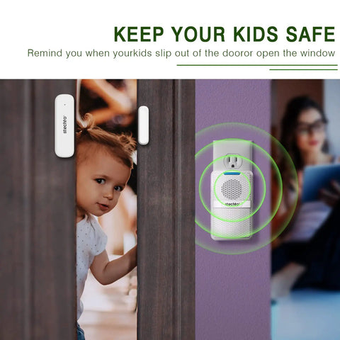 Child near Wireless Doorbell With 600 Ft Range And 5 Adjustable Volume Levels Magnetic Door Sensor in home