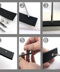 Heavy Duty 100 Piece Gunmetal Cone Spike And Rivet Screw Kit For Badass Leathercraft DIY steps showing installation on leather.
