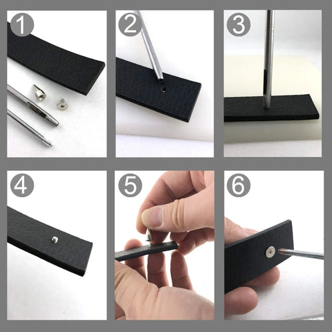 Heavy Duty 100 Piece Gunmetal Cone Spike And Rivet Screw Kit For Badass Leathercraft DIY steps showing installation on leather.