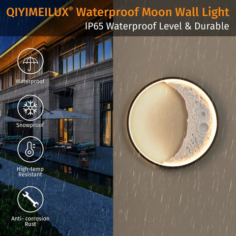 Lit Moon Shaped Outdoor Wall Sconce LED Light 23.6 Inch, 18W Plug-In Waterproof Exterior Black Round Wall Mount