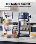 Oplace Home Shaved Ice Machine Electric Snow Cone Maker With Auto Press Button And Blade Adjustment For Slushies Bingsu Quick Ice Crushing One-Press Operation Blue Compact Design with texture control options.