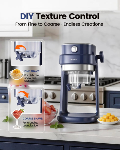 Oplace Home Shaved Ice Machine Electric Snow Cone Maker With Auto Press Button And Blade Adjustment For Slushies Bingsu Quick Ice Crushing One-Press Operation Blue Compact Design with texture control options.