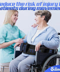 Caregiver assisting elderly woman in wheelchair with an Easy Grab Gait Belt For Seniors With Handles, Transfer Belt With Quick Release Latch.
