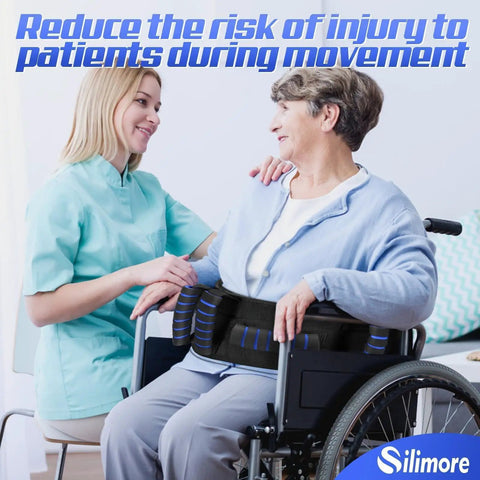Caregiver assisting elderly woman in wheelchair with an Easy Grab Gait Belt For Seniors With Handles, Transfer Belt With Quick Release Latch.