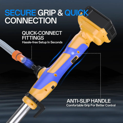 Close-up of Cordless Stick Water Transfer Pump with quick-connect fittings and anti-slip handle for easy grip.
