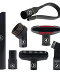 7 Piece Vacuum Attachment Kit With Crevice Tool, Horsehair Round Brush, Upholstery Tool, Utility Nozzle, Brush And Nozzle Combo, Dust Brush, And Hose Adapters From One And A Quarter Inch To One And Three Eighths Inch, displayed in a set.