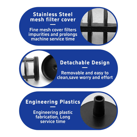 Infographic detailing features of 4 Pack Stainless Steel Mesh Hose Filters With Half Inch Barb Fittings And Hose Clamps Heavy Duty Garden Hose Inlet Strainers For Water Pumps Sprayers Pressure Washers And Industrial Use.