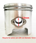 Close-up of 50mm bore V100 cylinder for 66cc-100cc two-stroke engines, showing 12mm piston pin requirement. 